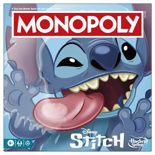 Monopoly Disney Stitch Edition - Brettspiel für Fans - Gesellschaftsspiel mit 4 einzigartigen Stitch Spielfiguren und einem thematischen Spielplan, der Strandhütten und Leuchttürme anstelle von Häusern bietet. Ideal für Disney-Fans!