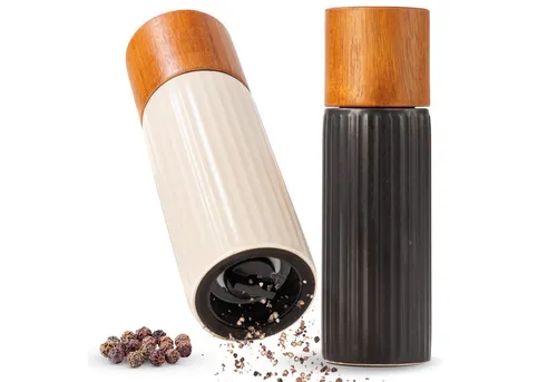 Moritz & Moritz PEPE Gewürzmühle 2er Set - Salz- & Pfeffermühlen-Set aus Steinzeug und Akazienholz mit präzisem Keramikmahlwerk und einstellbarem Mahlgrad für frische Aromen und intensiven Geschmack.
