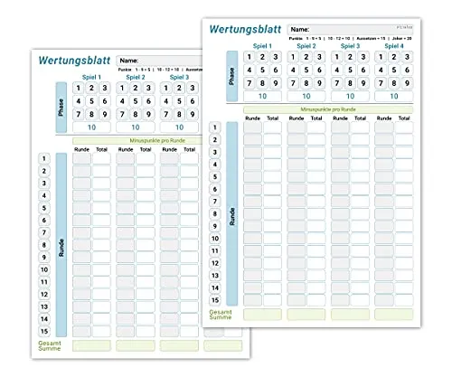 Wertungsblatt Block DIN A5, gut lesbar und übersichtlich gestaltet, moderner Ersatzblock mit Phasen, großer Spielblock für Würfel und Kartenspiele, für Senioren und Kinder geeignet, Familienspiel (2x)