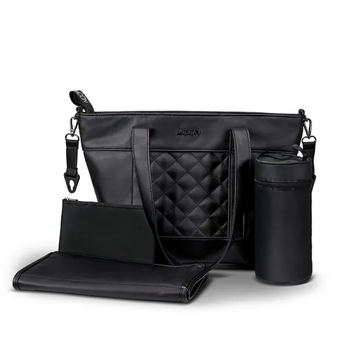 Moon V-Shape Bag Wickeltasche - Black Leather TOP - Wickeltasche aus hochwertigem Leder, stilvolles Design und praktische Fächer für alle Babyutensilien.