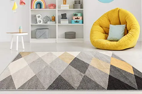 Carpeto Rugs Teppich Wohnzimmer Kurzflor Grau Modern Geometrisch Rauten Muster - Niedrigflor Teppich für Wohnzimmer Jugenzimmer Kinderzimmer/Öko-Tex Pastell Grau Gelb 160 x 220 cm