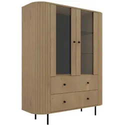 Compleo24 Vitrine aus Holzwerkstoff, 123x155 cm, Braun - Moderne Vitrine mit Soft-Close-Mechanismus und zwei Schubladen. Ideal für stilvolle Wohnwände. Robuste Bauweise mit eleganten Metallgriffen, perfekt für Ihr Wohnzimmer.