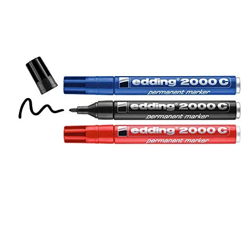 edding 2000 C Permanentmarker - schwarz rot blau - 3 Stifte - Rund-Spitze 1,5-3 mm - schnell trocknender Permanent Marker - wasserfest wischfest - für Karton Kunststoff Holz Metall - Universalmarker