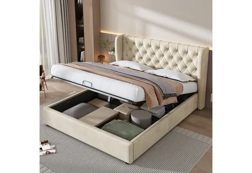 Odikalo Polsterbett Doppelbett mit Bettkasten & Lattenrost Mehrfarbig (140x200 160x200 180x200 180x190 Polsterbett Ohrenform Samtstoff Große Knopfnähte Doppelbett, Hydraulisches Funktionsbett mit Lattenrost und Stauraum, Bettunterseite ist mit einem schmutzabweisenden schwarzen Vliesstoff)