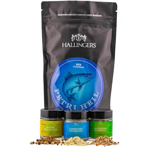 Hallingers Genuss Manufaktur Geschenkkorb Geschenkset – Feinkost Mix, Fischer Wundertüte mit Gewürz Pfeffer Salz in edler Tüte perfekt für Fischer, 