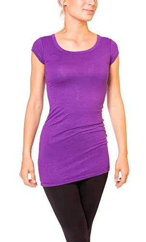 Easy Young Fashion - Damen Basic T-Shirt - langes Kurzarm Longshirt - Rundhals Longsleeve - Unterziehhemd Skinny Fit 1002 - Violett S
