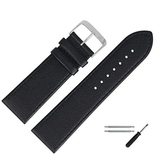 MARBURGER Uhrenarmband 28mm Leder Schwarz Silber Glatt Mit Naht - Montage Set 7592810000120