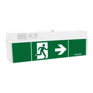 FISCHER LED-Rettungszeichenleuchte 3/8h, 18m, IP54 - LED-Strahler mit automatischem Funktions- und Betriebsdauertest. Ideal für sichere Rettungswegkennzeichnung, ausgestattet mit einem Überwachungsmodul und zweifarbiger Statusanzeige.