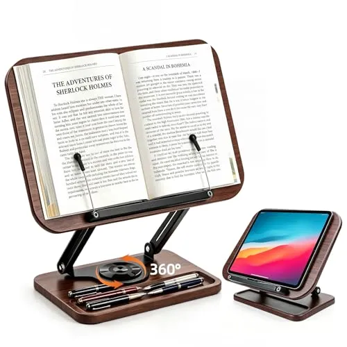 Buchständer 360° drehbar & faltbar, ergonomischer Leseständer aus Holz, Kochbuchständer & Tablet Halter, freihändig lesen, nackenschonend & verstellbar für Küche, Studium & Homeoffice