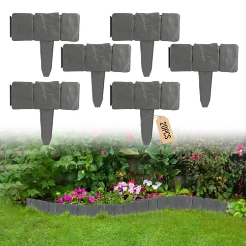 EXLECO 5M Rasenkanten Steinoptik Grau 20 Pcs Kunstoff Beeteinfassung Palisade Zaun Stone Rasenkantensteine Beetumrandung Stein Effect Garten Randsteine, Pflanze Bordüre für Rasen Blumenbeet