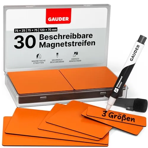GAUDER Magnetetiketten beschreibbar - Wiederverwendbare Magnetschilder zum Beschriften für Whiteboard, Tafel, Kanban-Board und Kühlschrank - Magnetkarten mit Marker (30 Stück - 3 Größen)