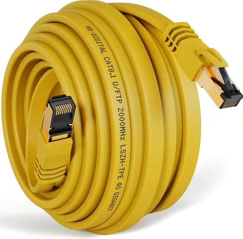 hb-digital CAT 8.1 Patchkabel flach 10 m RJ45 LAN Kabel U/FTP 2000 MHz 40 Gbit/s Kupfer LSZH gelb