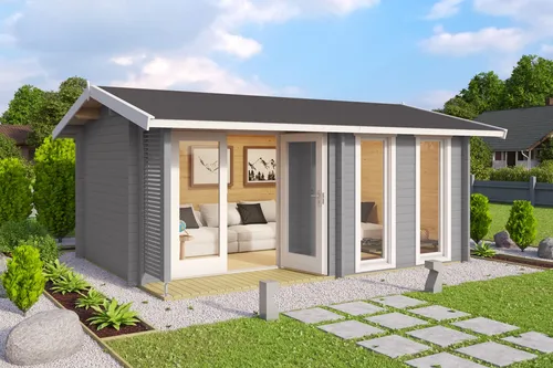 Gartenhaus Blockhaus Satteldach Hampshire grau 440x320 cm - Gartenhaus aus robustem Holz mit 44 mm Wandstärke, abschließbar und inklusive Terrasse. Ideal für Gartenliebhaber, die zusätzlichen Raum und Stauraum suchen.