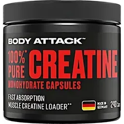 Body Attack 100% Pure Creatine 240 Kapseln - Hochwertiges Nahrungsergänzungsmittel mit Kreatin-Monohydrat in praktischen Kapseln. Ideal zur Unterstützung von Muskelaufbau und Leistungssteigerung. 60 Portionen für optimale Ergänzung.