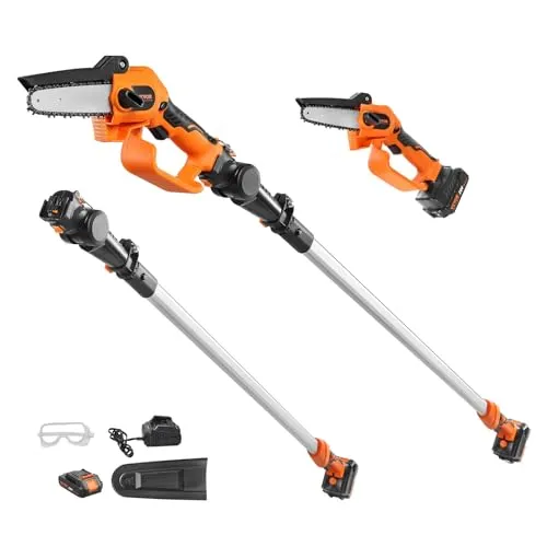 VEVOR Akku-Hochentaster 20V 2Ah 22000U/min Teleskop-Astsäge elektrisch 135° Einstellbar Auszugslänge Bürstenloser Motor 2 in 1 Astsäge mit Teleskopstiel 1,08m bis 2,43m Elektro Hochentaster