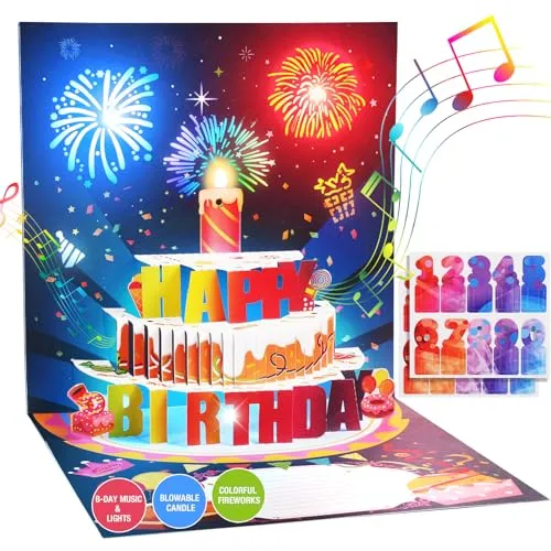 Mozmmhi DIY Alter Geburtstagskarte Geschenke, 3D Pop Up Musik Feuerwerk Happy Birthday Karten mit ausblasbarer Kerze, LED Licht Grußkarten für Frauen Männer Mama Kinder
