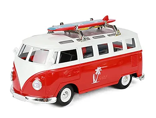 ECO Bus Beach Cruiser mit Surfbrett Licht Sound Rüchzugmotor Modell 4-Varianten Modellauto Geschenk 86 (Rot)