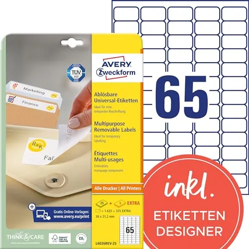 AVERY Zweckform L6026REV-25 Universal-Etiketten (1.625 plus 325 Klebeetiketten extra, 38,1x21,2mm auf A4, wieder rückstandsfrei ablösbar/abziehbar, bedruckbar, selbstklebende Aufkleber) 30 Blatt, weiß
