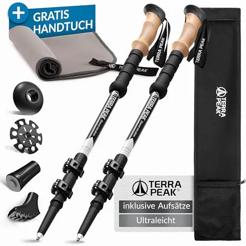 Terra Peak Wanderstöcke Explorer 135 - Ergonomische Echtkorkgriffe - Wanderstöcke für Wanderungen und Nordic Walking, inklusive Mikrofaserhandtuch und 4 zusätzlichen Aufsätzen. Mit verstellbarem Teleskop und angenehmer Schlaufe für optimalen Komfort.