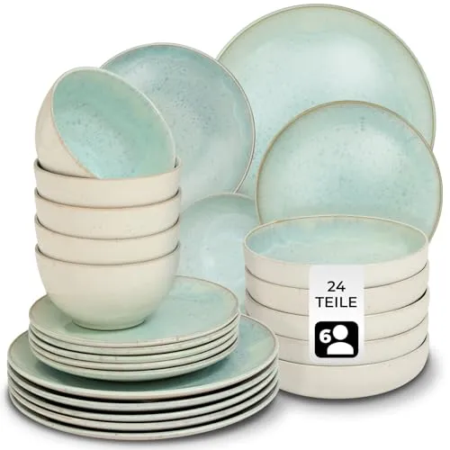 tectake Geschirr-Set Tafelservice 24-tlg für 6 Personen, handgefertigt - Das handgefertigte Geschirr-Set Mare von tectake vereint robustes Steingut und elegantes Design. Ideal für jeden Anlass, spülmaschinen- und mikrowellengeeignet, sorgt es für stilvolle Mahlzeiten und einfachen Alltag.