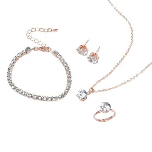 Auriselle Damen Schmuck Set Strassstein Ohrringe Halskette Armband Ring Klassisch 4 Stück Frauen Schmuck mit Cubic Zirkonia Hochzeit Geschenke für Ladies, Roségold