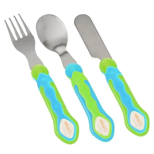 Vial Baby Kinder Besteckset 3-teilig bestehend aus Messer, Gabel und Löffel aus rostfreiem Edelstahl und ergonomischem FlexiSafe Griff für einfache Haltung und selbständig essen, BPA-frei, ab 12 Mon