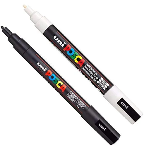 Posca PC-3M Markerstift, für Glas, Stoff, Metall, 2-teiliges Set, Schwarz/Weiß
