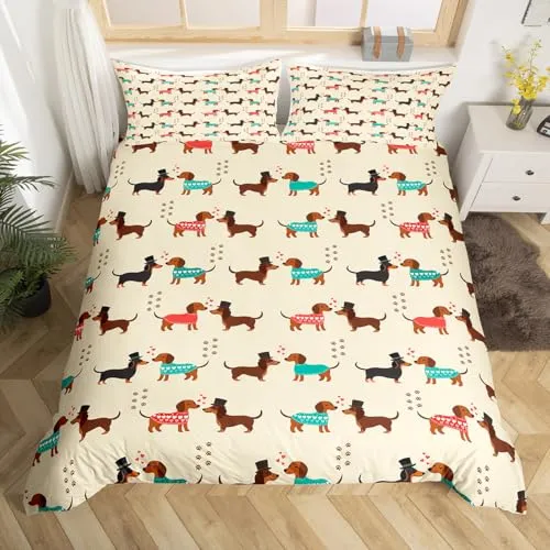 Homewish Dackel Bettwäsche 155x220 für Liebhaber Süßer Wursthund Bettwäsche Set Braune Hundepfoten Bettbezug Kawaii Pärchen Welpen Bettbezug Haustier Tier Thema Bettwäsche Set