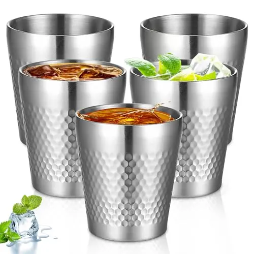 Stück Edelstahlbecher, 300ml Stapelbare Doppelwandige Metall Trinkbecher, Bruchsichere Schnapsbecher, Hammermuster Camping Tassen, Isolierte Edelstahl Trinkbecher für Bier, Saft, Wasser 5