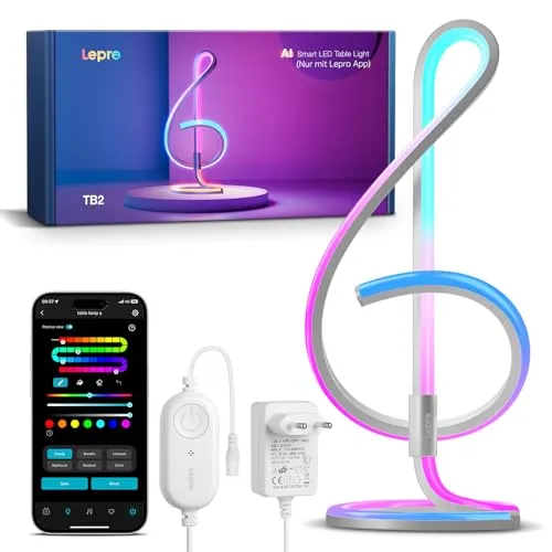Lepro AI Smart Tischlampe TB2, Personalisierter KI-Lichtdesigner, Musik Sync/APP Sprachsteuerung Tischleuchte, Table Lampe Dimmbar, RGB+IC-Technologie, Kompatibel mit Alexa/Google, Keine Fernbedienung
