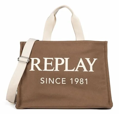 REPLAY Schultertasche Shopper Shoulder Bag Canvas-Brown - Handtaschen aus robustem Canvas-Material, ideal für den Alltag mit praktischem Reißverschlussfach und verstellbarem Umhängeriemen.