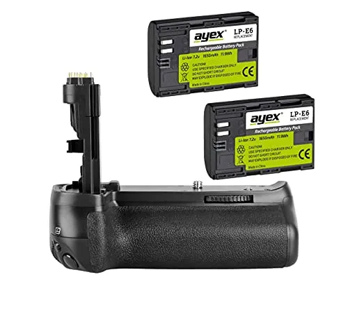 ayex Batteriegriff für Canon EOS 70D/80D/90D mit 2 x LP-E6N Akku - Foto- & Video-Zubehör: Ergonomischer Batteriegriff für besseren Halt und längere Einsatzzeiten, inklusive 2 leistungsstarker Akkus und Hochformatauslöser für kreative Fotografie.