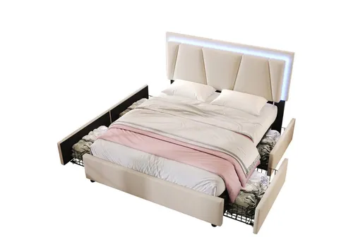 REDOM Polsterbett (mit LED-Beleuchtung und 4 Schubladen), Doppelbett 160x200cm Lattenrost aus Holz (Ohne Matratze)