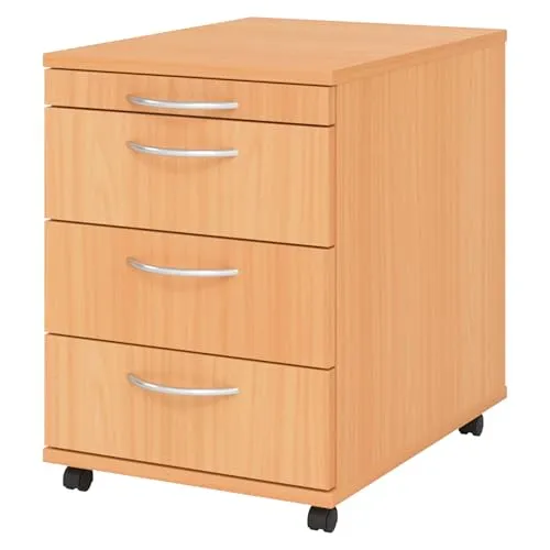bümö Basic Rollcontainer mit Schubladen, Container aus Holz in Buche - Rollwagen für's Büro als Schreibtisch Unterschrank, Bürocontainer od. Schreibtischcontainer mit Bogengriffe