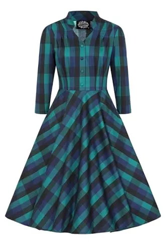 Hearts & Roses London Swing Kleid Louisa Check Retro Vintage Fit-N-Flare 50er - Freizeitkleid für Damen mit kreativem Muster in schwarz, blau und seegrün, verstecktem Reißverschluss und praktischen Eingriffstaschen für einen stilvollen Look.
