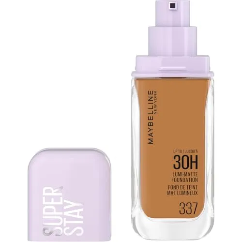 Maybelline New York 30H Lumi Matte Foundation, Langanhaltend ultra-frischer Look mit mattem Finish, Aufbaubare & lichtreflektierende Foundation, Farbe: 337 Mittelbraun- Dunkel, Neutral, Superstay