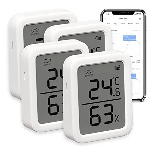 SwitchBot Innen Thermometer Hygrometer 4 Stück, Innentemperatur-Feuchtigkeitssensor mit intelligenter Warnung und 68-Tage-Datenspeicherung, Bluetooth-Raumthermometer für Baby, Zuhause, Garage