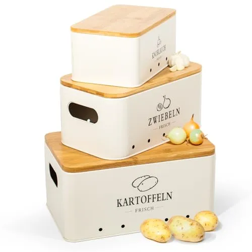 Theo&Cleo Kartoffel Aufbewahrungsbox, Vorratsdose 3er Set, Küche Aufbewahrung für Kartoffeln, Zwiebeln & Knoblauch, Hält länger frisch (Matt Beige)