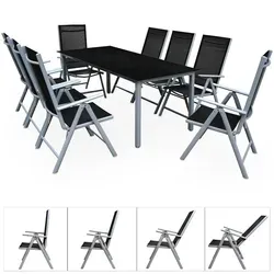 Casaria Garten-Essgruppe Bern, (9-tlg) - Elegante Aluminium-Sitzgruppe mit Sicherheitsglas - 9-tlg. Essgruppe aus pulverbeschichtetem Aluminium, wetterfest und klappbar. Hochlehner mit 8-fach verstellbaren Rückenlehnen für optimalen Komfort im Garten oder auf der Terrasse.