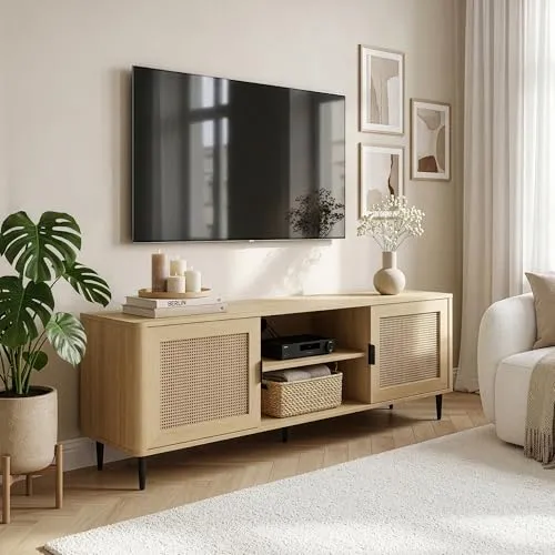 en.casa TV-Schrank »Lukhomso« 152x40x54 cm Eicheoptik/Rattanoptik – Modern & Praktisch - Moderner TV-Schrank mit 2 Türen und offenen Fächern für optimale Medienaufbewahrung. Integrierte Kabeldurchlässe sorgen für Ordnung. Perfekte Ergänzung für Ihr Wohnzimmer.