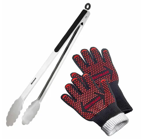 Westmark Grill-Set mit feuerfesten Grillhandschuhen und Grillzange – Sicher und praktisch für Grill und Ofen - SICHERHEIT – Die hitzebeständigen Grillhandschuhe schützen bis 350°C beim Grillen und Backen. PRAKTISCH – Die lange Grillzange ist ideal zum Wenden und Servieren von Speisen. LANGLEBIG – Robuste Materialien garantieren eine lange Nutzungsdauer.