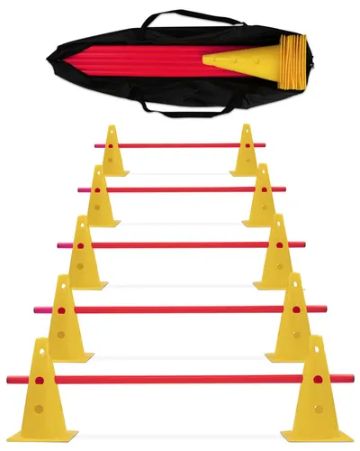 Kegelhürde Cavaletti 5er Set mit Stangen 100 cm in Gelb/Rot - Agility Training Hürde für effektives Training, ideal zur Verbesserung von Sprung- und Wendefähigkeiten bei Hunden.