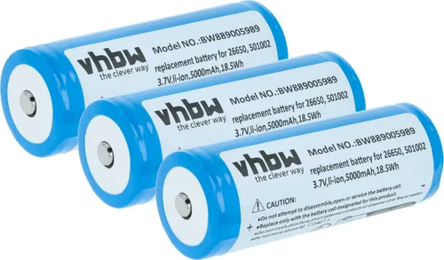 vhbw 3x Akku Ersatz für Ledlenser 501002, 04058205009263, 26650 für Taschenlampe Kopflampe (5 Ah, 3,7 V, Li-Ion)