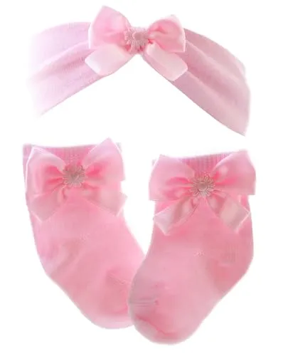 Baby Kinder Socks Shoes Socken & Haarband Hairband Set Söckchen Stirnband mit Schleife Rosa festlich Taufe La Bortini (6-12Mon.)