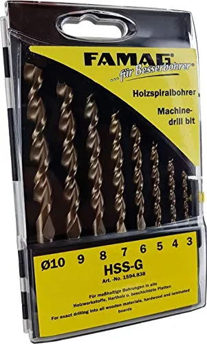 Famag Bohrer 1594.838, HSS-G-Spiralbohrer Set 8-teilig - Holz- & Schlangenbohrer, vollgeschliffene Qualität mit optimalem Spanabtransport, ideal für präzise Bohrungen in Holz mit Durchmessern von 3-10 mm.