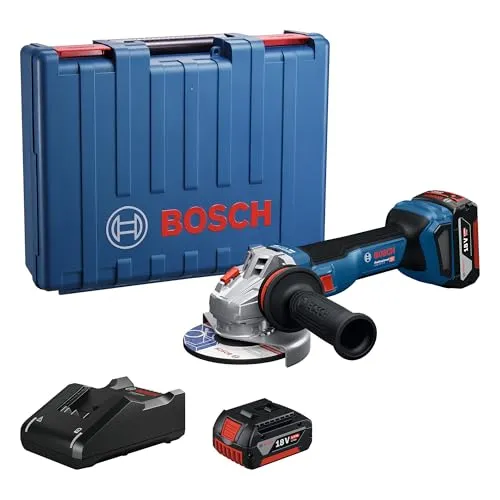 Bosch Winkelschleifer GWS 18V-8 125mm mit 2x4.0Ah Akkus - Schleifmaschinen: Kabelloser 125 mm Winkelschleifer mit Leistung wie 800 W Netzgerät, ideal für Trenn- und Schleifarbeiten, ergonomisches Design für mehr Komfort und optimierte Laufzeit.