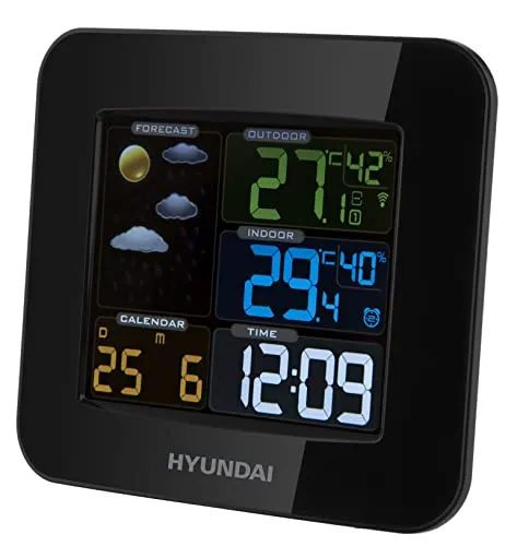Hyundai WS8446 Wetterstation mit Außensensor - Wetterstation mit Außensensor, bietet präzise Wettervorhersage und Innentemperaturmessung. Ideal für Zuhause, mit farbigem LCD-Display und einer Reichweite von bis zu 30 m.