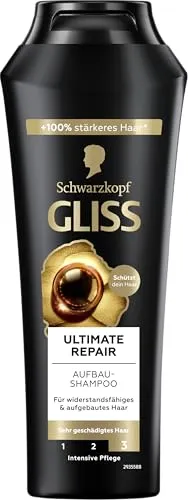 Gliss Shampoo Ultimate Repair 250 ml - Haarshampoo für stark geschädigtes Haar mit flüssigem Keratin, bietet intensive Reparatur und bis zu 90% mehr Widerstandskraft und Glanz.