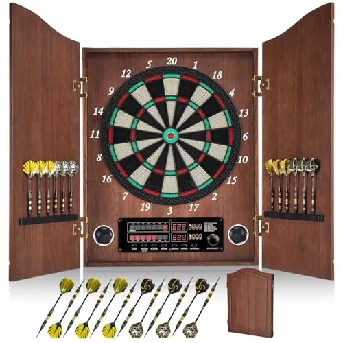 Yirinatek Dartscheibe Elektronisch, Elektronische Dartscheibe mit Schrank | [12 Bronze Soft-Tip Pfeile][Cricket-Spielmodus], Profi E Dart Scheibe mit Holzschrank, für Familienspiele und Bars