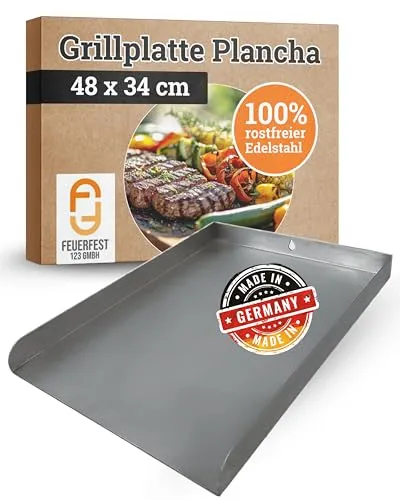 Feuerfest 123 Edelstahl-Plancha 48x34cm – Hochwertige Grillplatte für Kohle- & Gasgrill